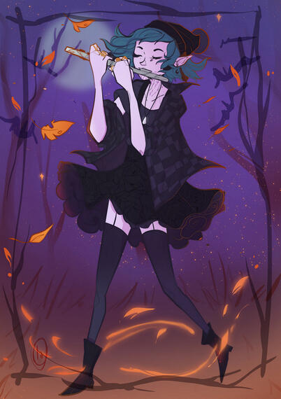 Lesaine in a black fall outfit and beanie, playing a flute in a dark forest.