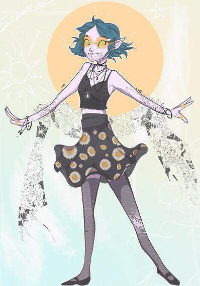 Lesaine in a summery, floral outfit and sunglasses.